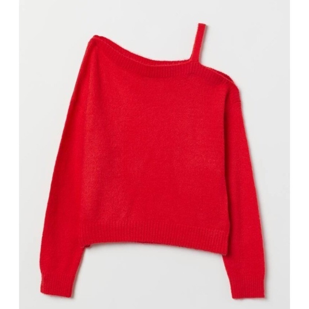 H&M Divided $28 Medium Red One Shoulder Cutout Pullover Cropped Knit Sweater‎